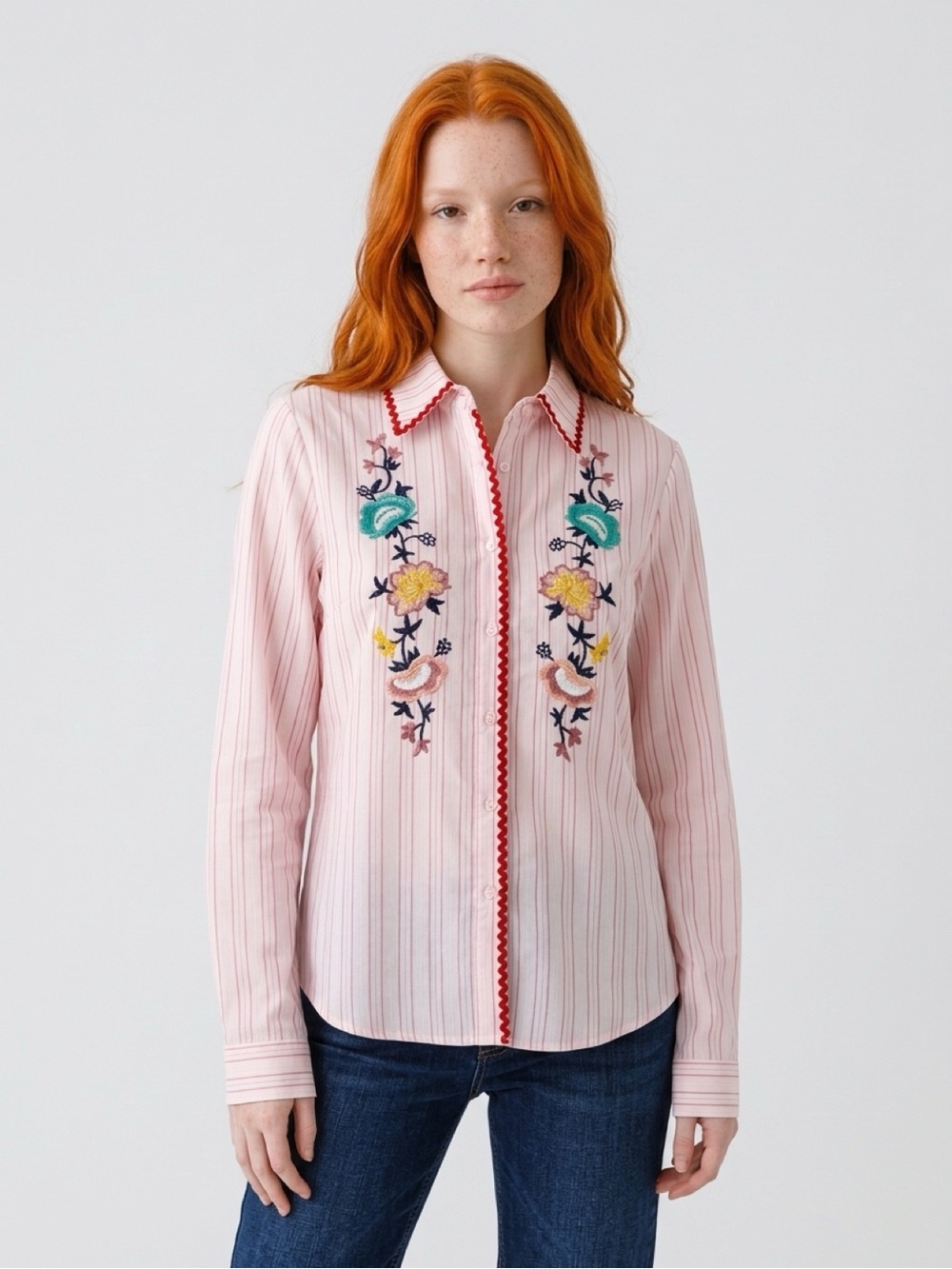 Galita Embroidered Pink Striped Button-Up Shirt Sz S